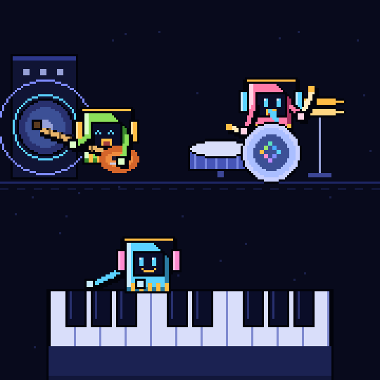 Three pixel-art robots playing bass, drums and piano on a night stage