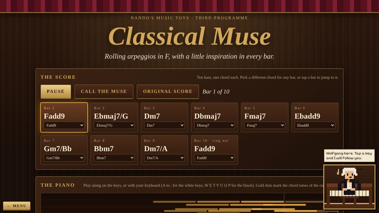 The Classical Muse piano toy on a wooden concert-hall stage, with Wolfgang the pixel pianist in a tuxedo