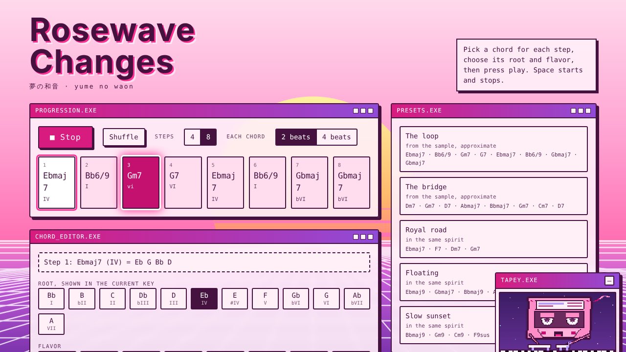 The Rosewave Changes app: chord tiles, a pink sunset and a cassette tape named Tapey playing the piano